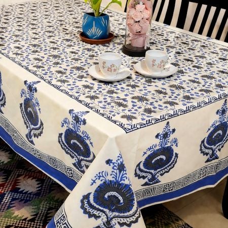 Blue Jaal Handmade Canvas Cotton Table Cover for 6 Seater